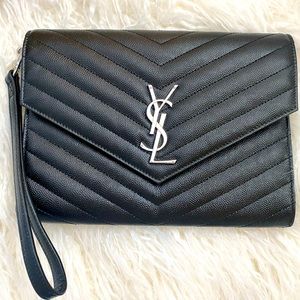 Saint Laurent YSL Clutch Wristlet Embossed Leather BLACK